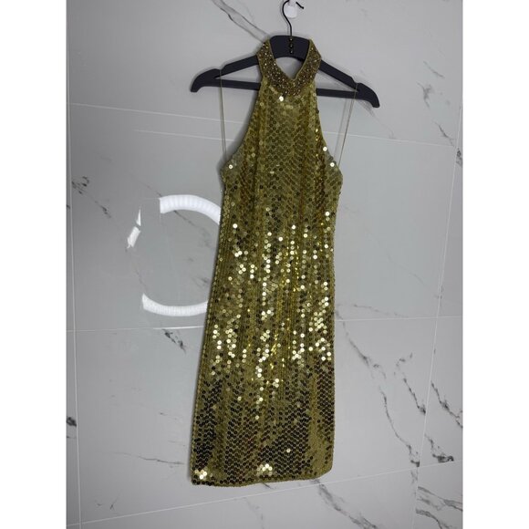 VTG Cache Gold Sequin Dress Beaded High Neck Halter Embellished Open Back Sz 4 - Picture 1 of 13